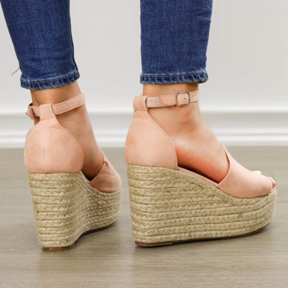 Blush Faux Suede Wedge Peep Toe Espadrille Sandal - Picture 5 of 8
